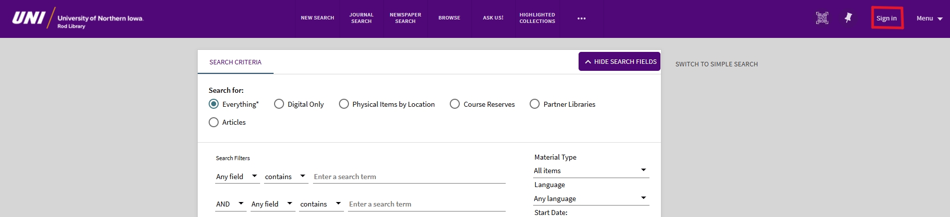 Screenshot of Library's Advanced Search page