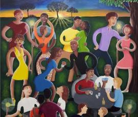 Acrylic on board entitled Among Friends by Chavevah Banks Ferguson